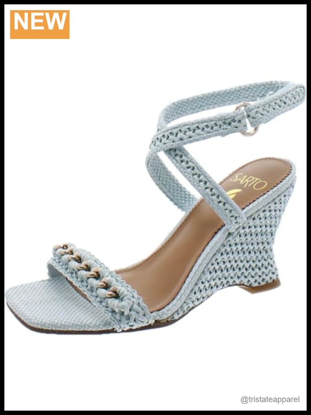 Crochet Fabric Ankle Strap Wedge Sandal Square Toe 3.5 Inch Heel
